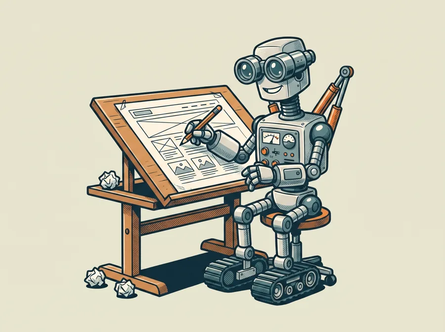 Robot sketching a website wireframe at a drafting table