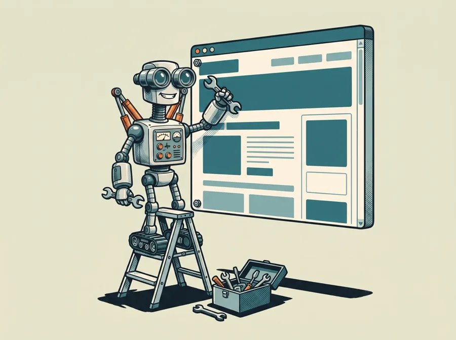 Robot assembling a website on a large browser panel