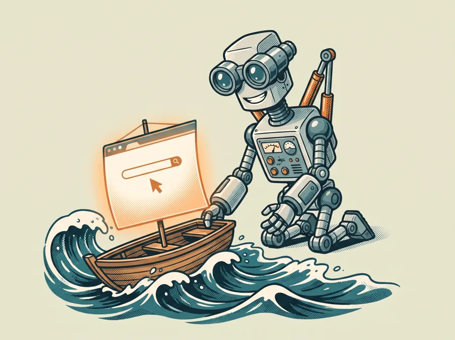 Robot launching a boat with a browser-window sail