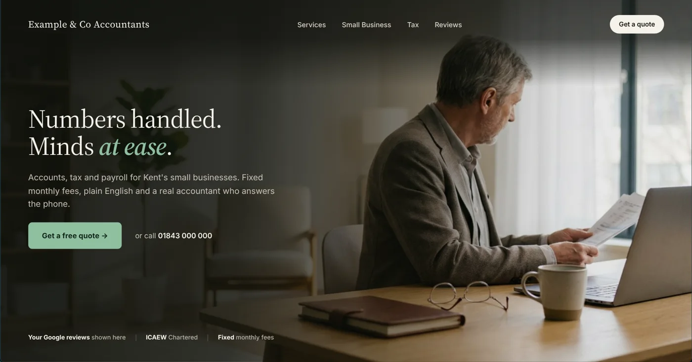 A homepage built by Kent.design for an example business