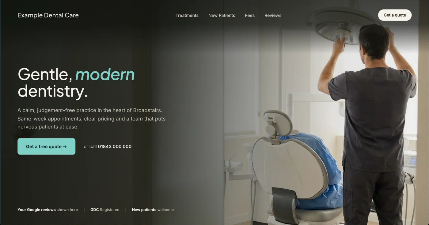 A homepage built by Kent.design for an example business