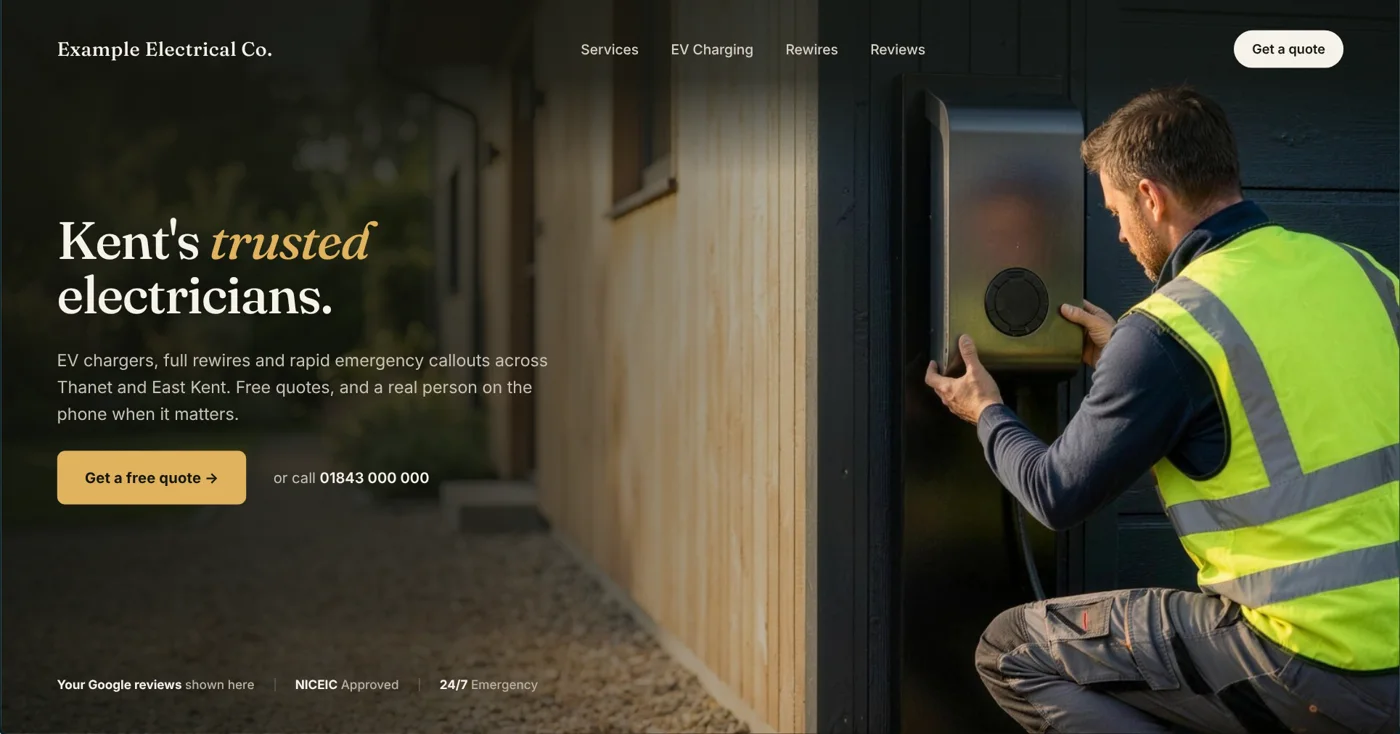 A homepage built by Kent.design for an example business