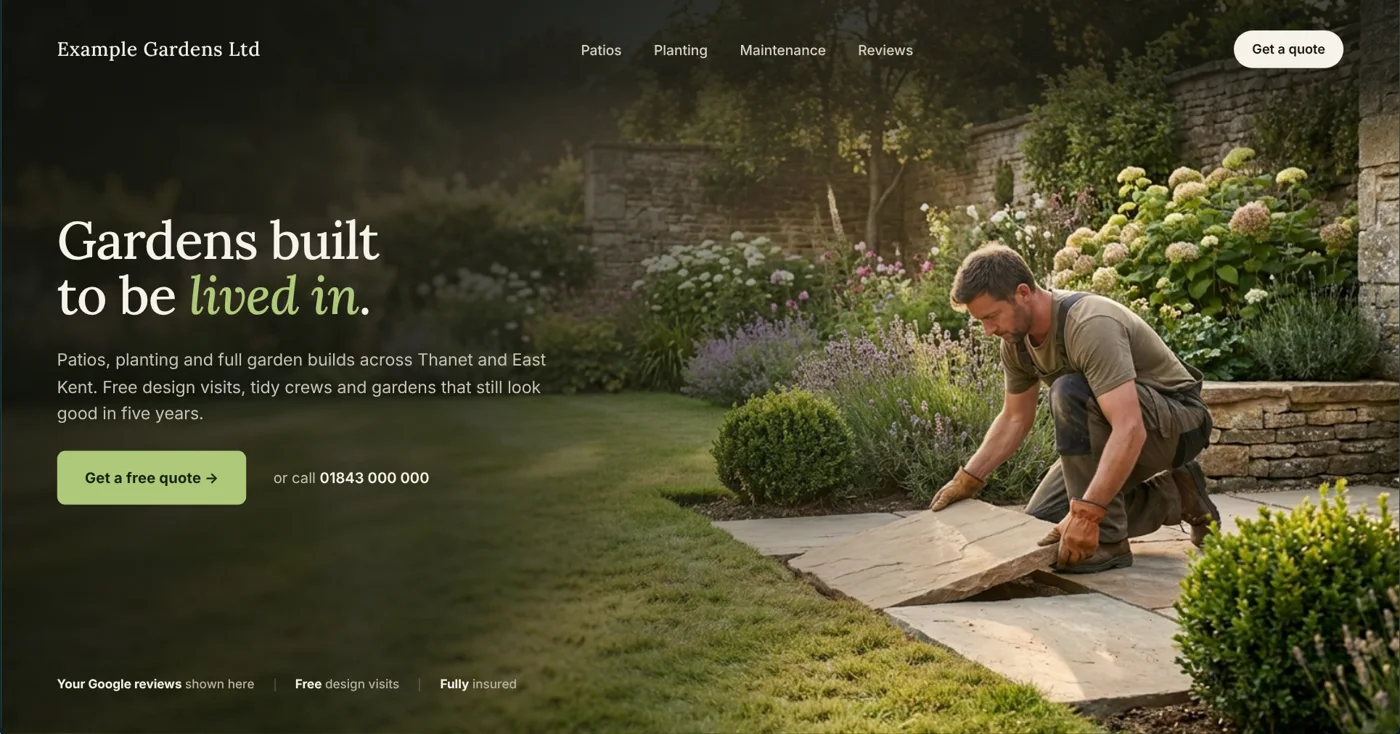 A homepage built by Kent.design for an example business
