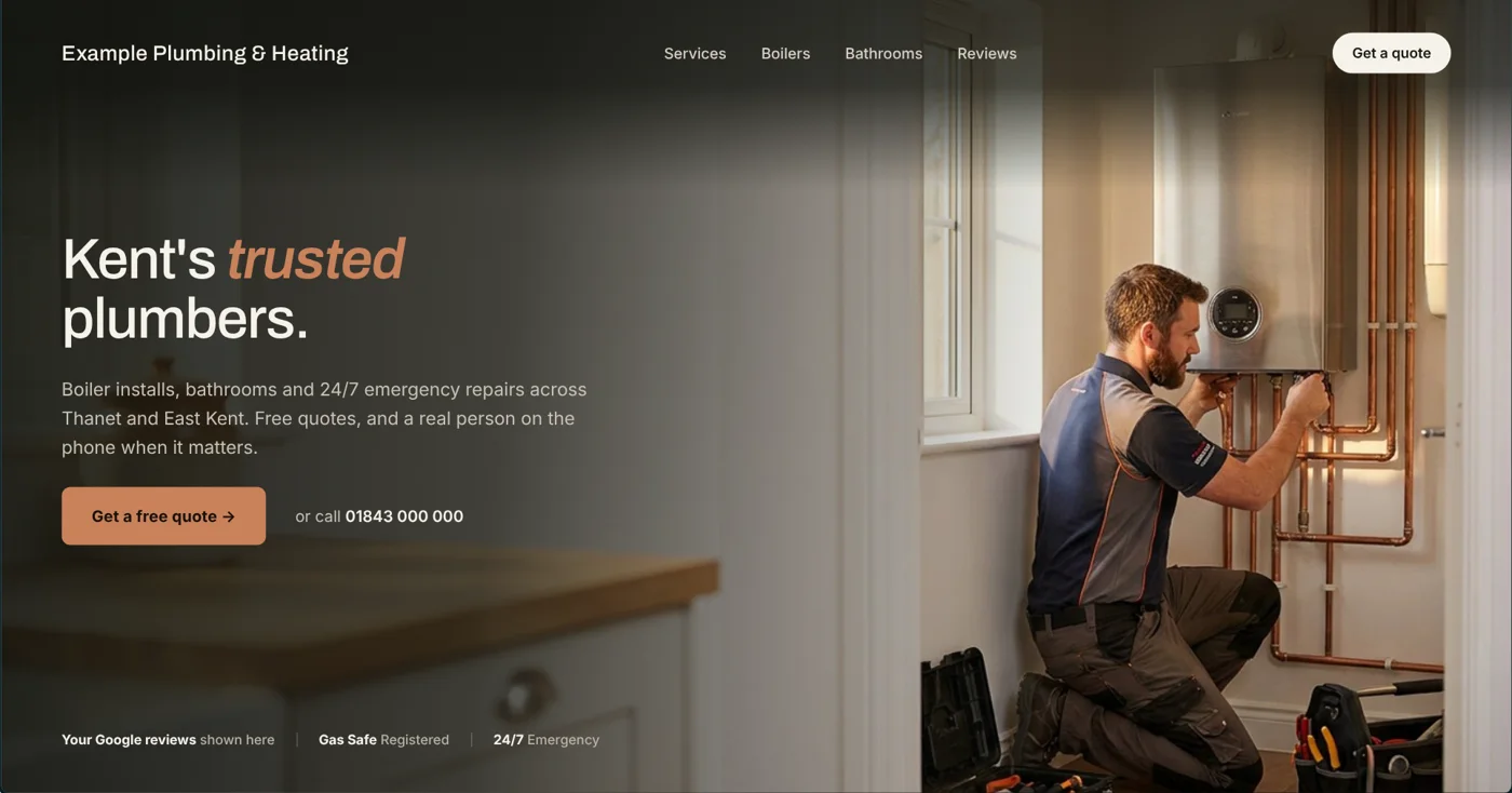 A homepage built by Kent.design for an example business